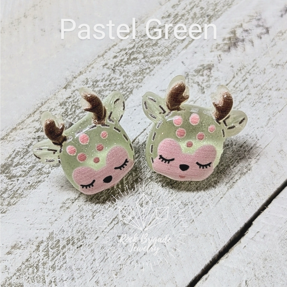 Reindeer Studs Christmas Earrings Pastel Green Nickel Free Hypoallergenic